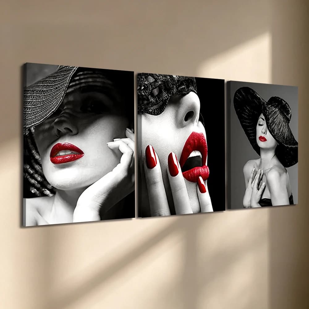Set di 3 Quadri su Tela con Cornice in Legno, Donna alla Moda con Labbra Rosse e Cappello, Decorazione Moderna per Soggiorno, Camera da Letto, Cucina, Ufficio e Casa