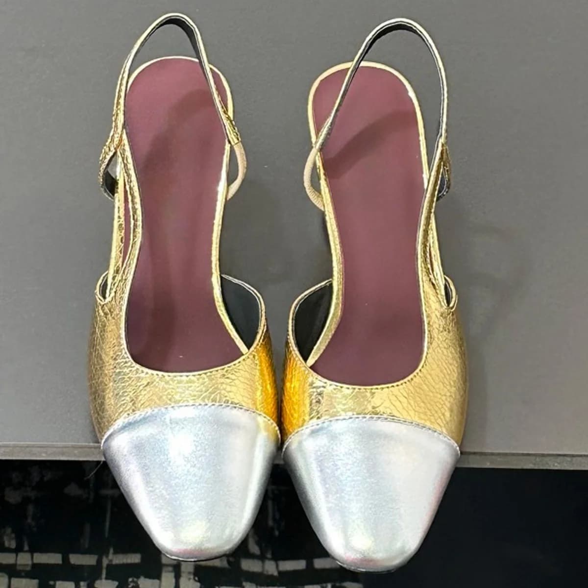 2026 Women's Two-Tone Metallic Cap-Toe Square Slingback Block Heel Pumps,Retro Daily Date Evening Party Summer Shoes YYT25110434