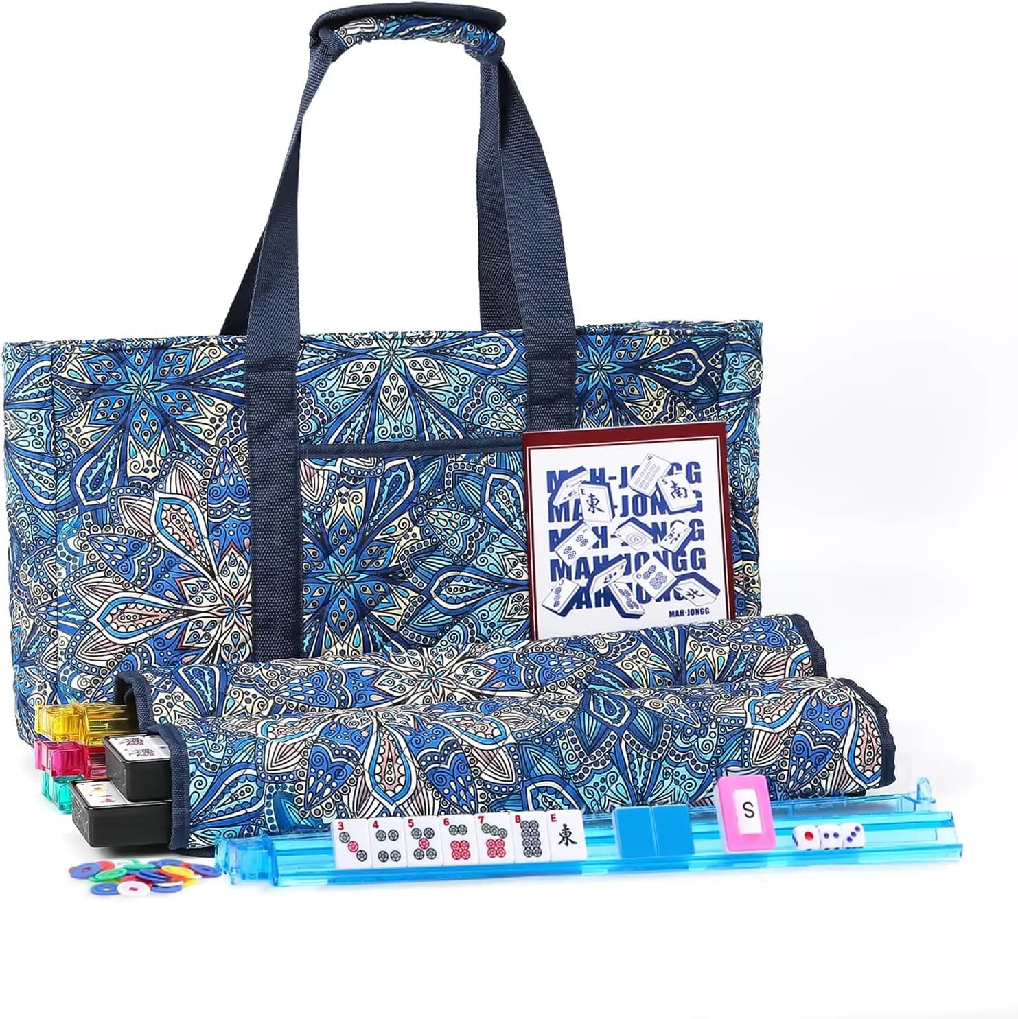 Set Mahjong Americano con Borsa Blu, 166 Tessere, 4 Supporti/Spingitori, Gioco da Viaggio per Regali di Natale e Compleanno