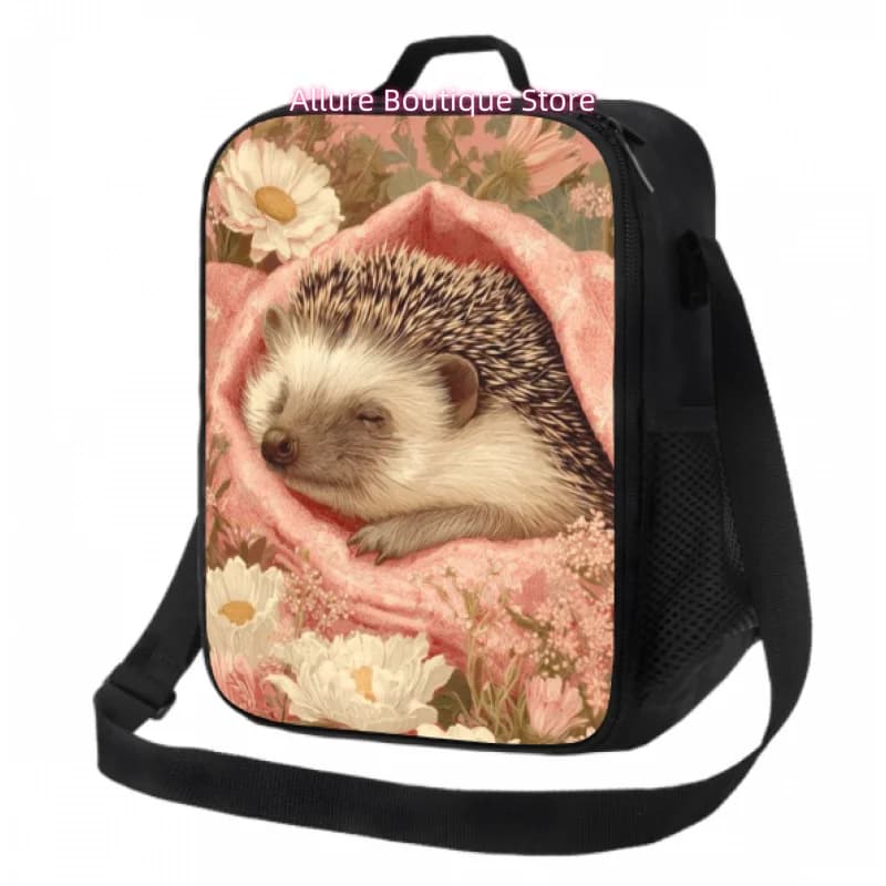 Borsa termica da donna con motivo riccio addormentato e fiori rosa - Borsa frigo compatibile - Contenitore termico in tessuto Oxford a prova di perdite