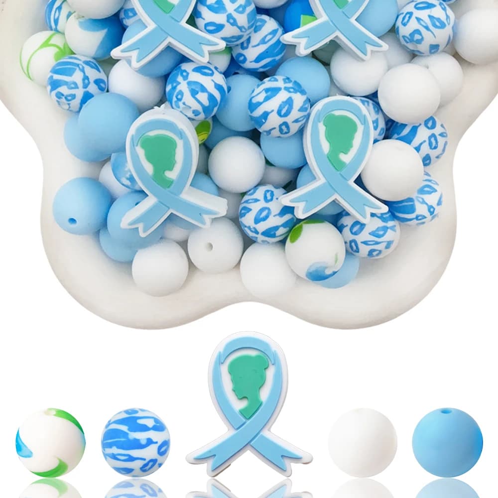 33Pcs Blue Ribbon Theme Silicone Beads Set DIY Beaded Necklace Bracelet Decoration Pen Jewelry Pendant Etc. Holiday Birthday Gift