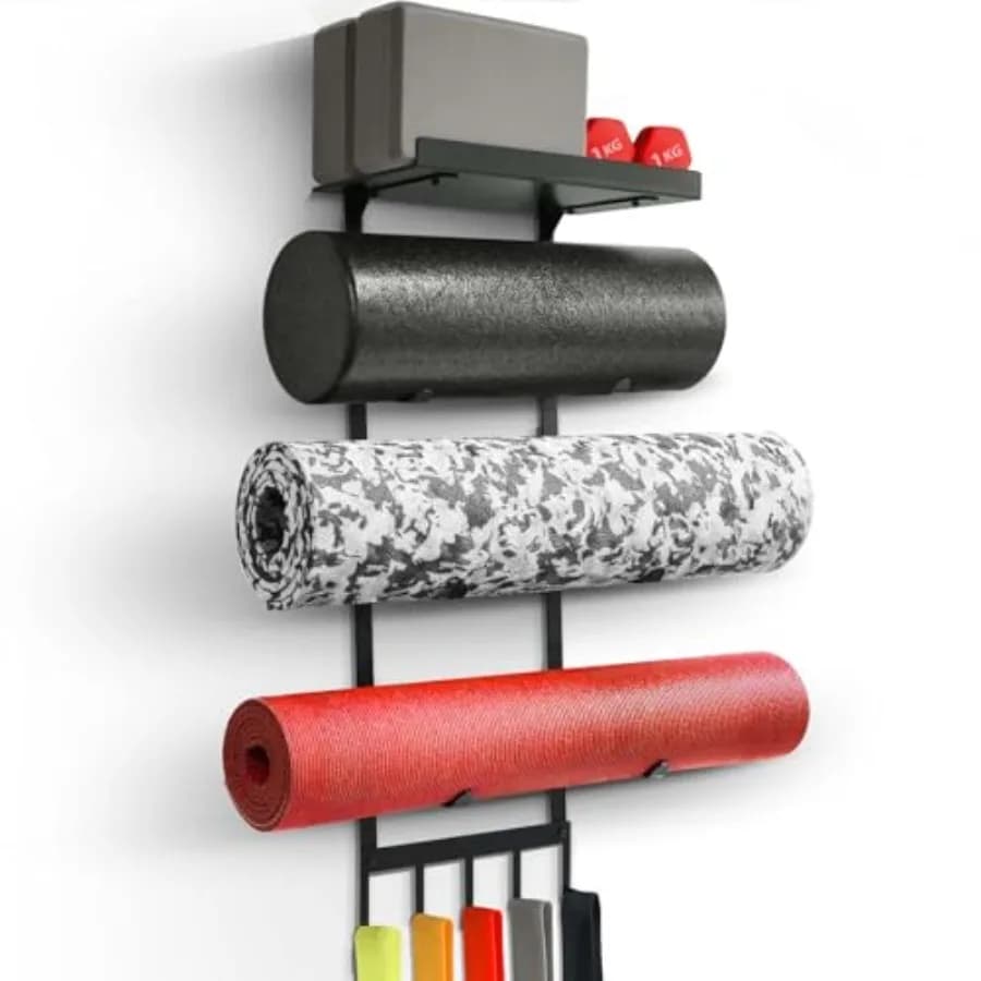 Support for Yoga Carpets with Superior Floating Shelf, 4 Level Shelf for Yoga Mats, Blocks, Rollers and Decorations