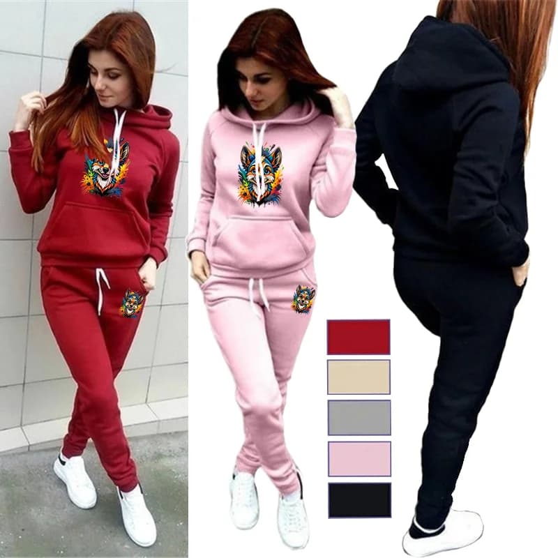 Felpa con cappuccio da donna autunno/inverno con felpa con cappuccio + pantaloni sportivi con stampa di volpe dei cartoni animati, set caldo in due pezzi da corsa all'aperto