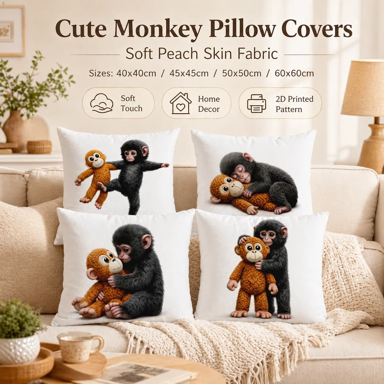 Cute Baby Monkey 2D Flat Print Peach Skin Cushion Cover Cartoon Chimp Throw Pillowcase For Kids Room Sofa Home Decor 45x45 50x50