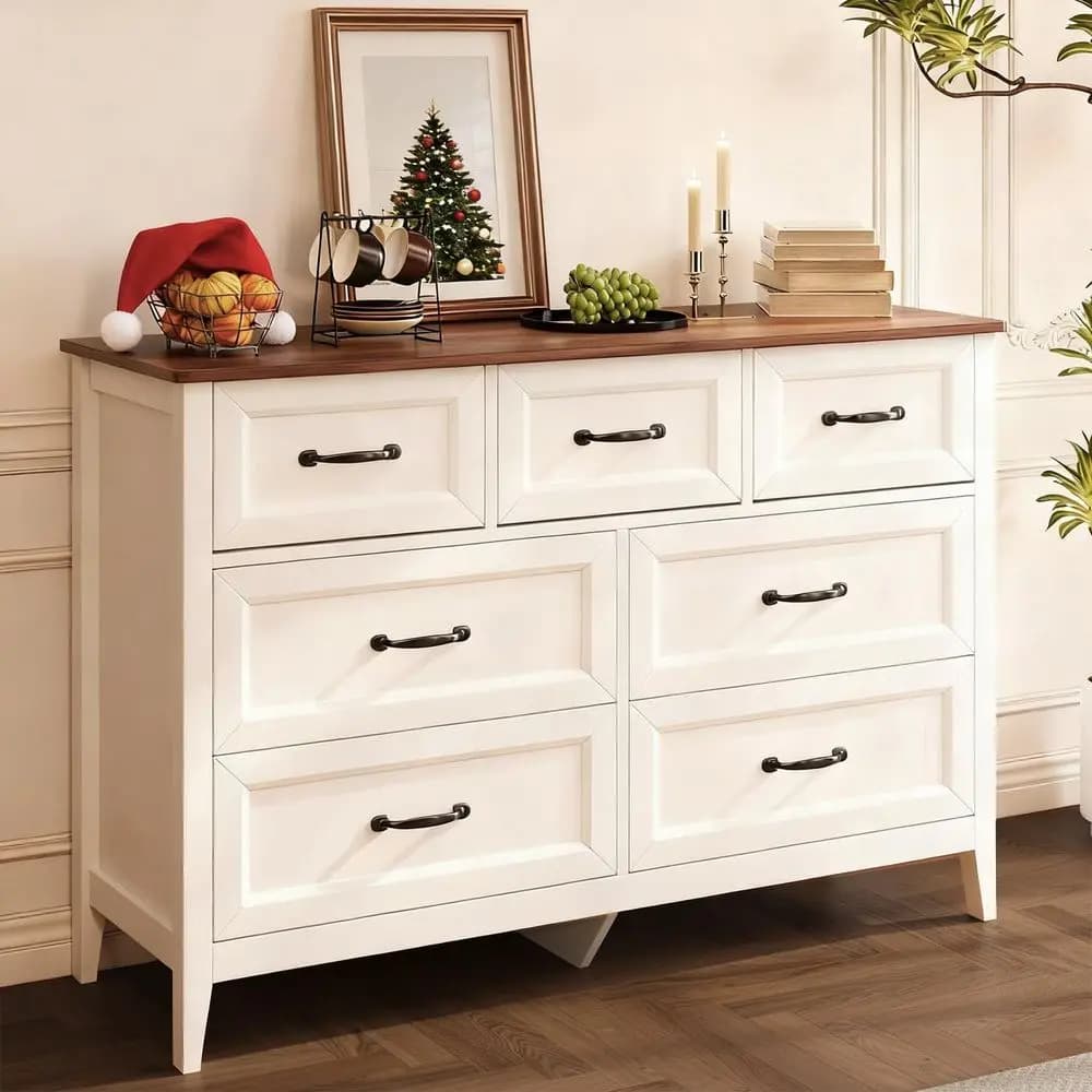 7-Drawer Wooden Storage Cabinet with Metal Handles, 47 Wide for Bedroom, Hallway, Living Room - Retro Style