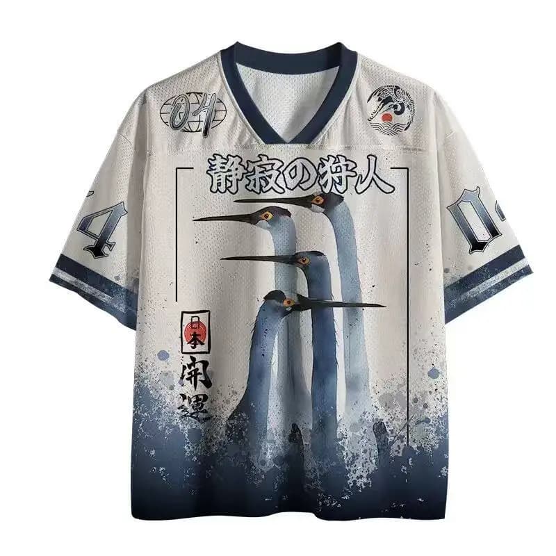 Maglietta Y2K con motivo gru giapponese 3D, T-shirt oversize con stampa Harajuku per bambini unisex, modello "Silent Hunter", scollo a V, estiva