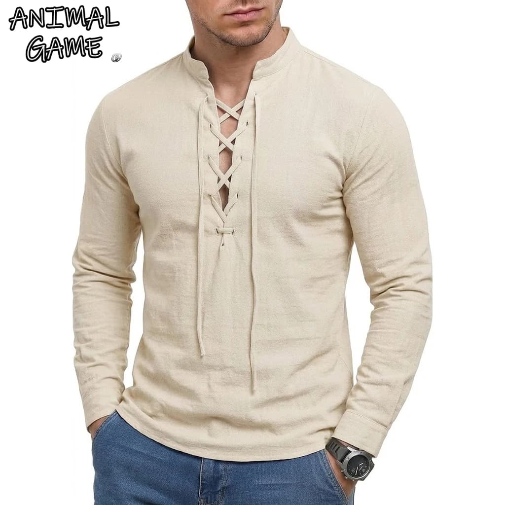 Nuove Camicie a Maniche Lunghe da Uomo, T-shirt con Scollo a V da Spiaggia, Costume Rinascimentale, Magliette di Halloween, Camicie Estive Casual con Coulisse