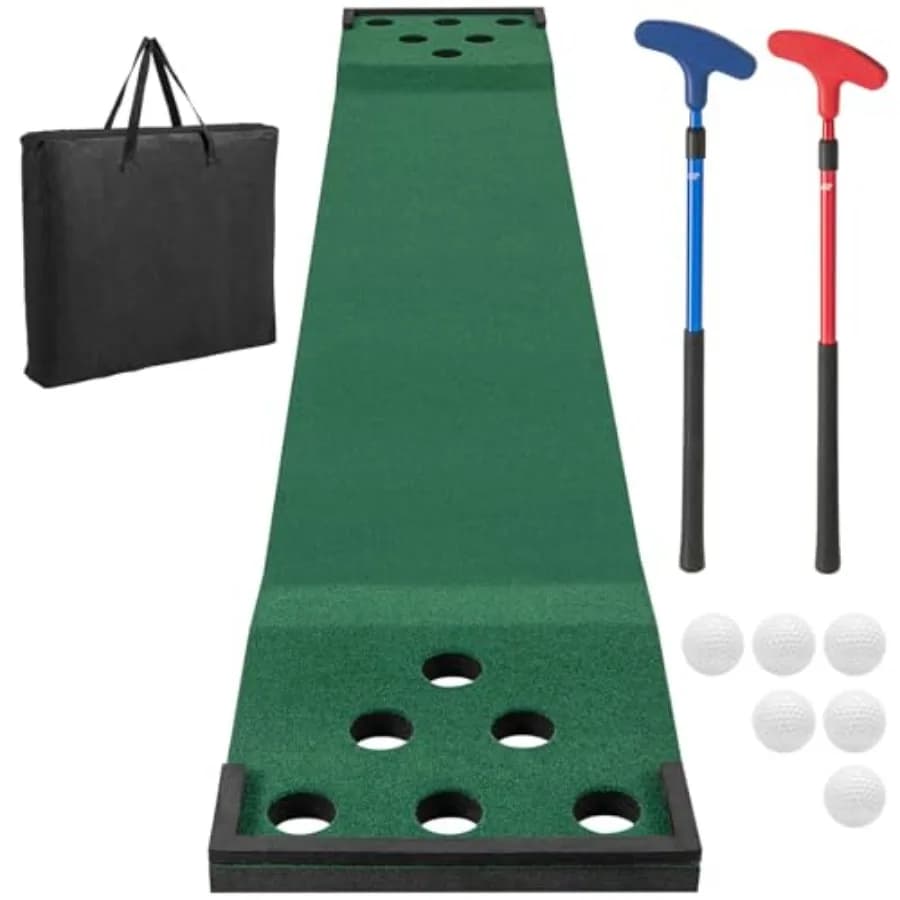 Set da gioco per golf, tappetino da allenamento per golf da interno/esterno da 3,35 m, tappetino putting green con 2 putter regolabili, 6 palline e 12 fori.