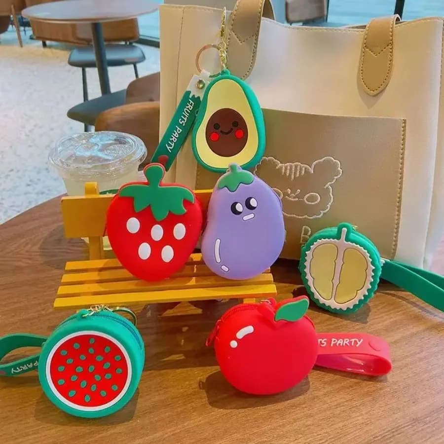 Portafoglio Unisex con Cartoni Animati di Frutta, Carino e Kawaii, Personalizzato, Mini Portamonete di Tendenza, Borsa Porta Auricolari e Rossetto, Portachiavi, Ciondoli per Borsa