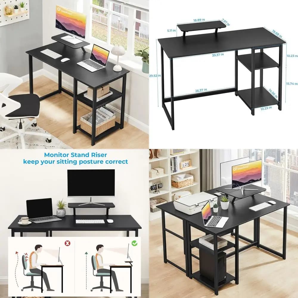 39 inch computer desk with monitor support, office desk with adjustable shelves, small work desk at home, S writing