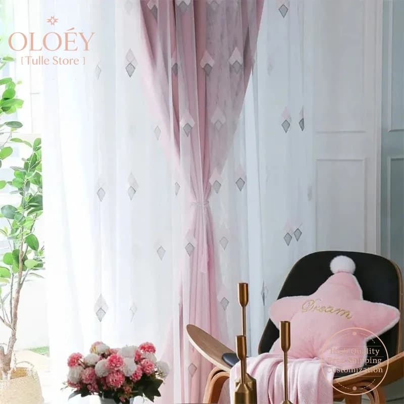 Korean Style Embroidered Tulle Curtains for Living Room Bedroom Pastoral Sheer Drapes Geometric Diamond Lattice Window Decor