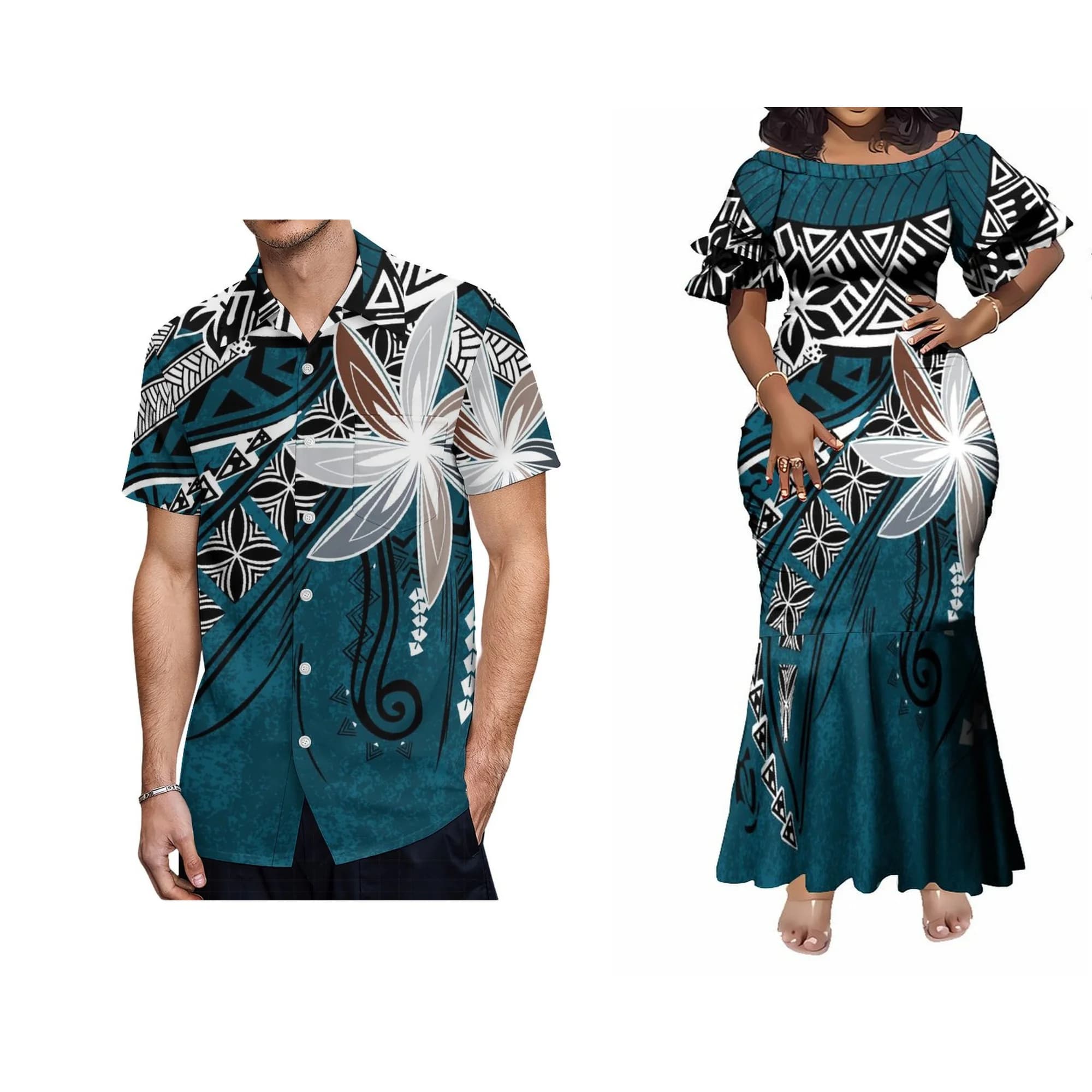Abiti da sera a coda di pesce taglie forti stampati floreali stile isola personalizzati all'ingrosso Abiti eleganti da donna con maniche a petalo hawaiani