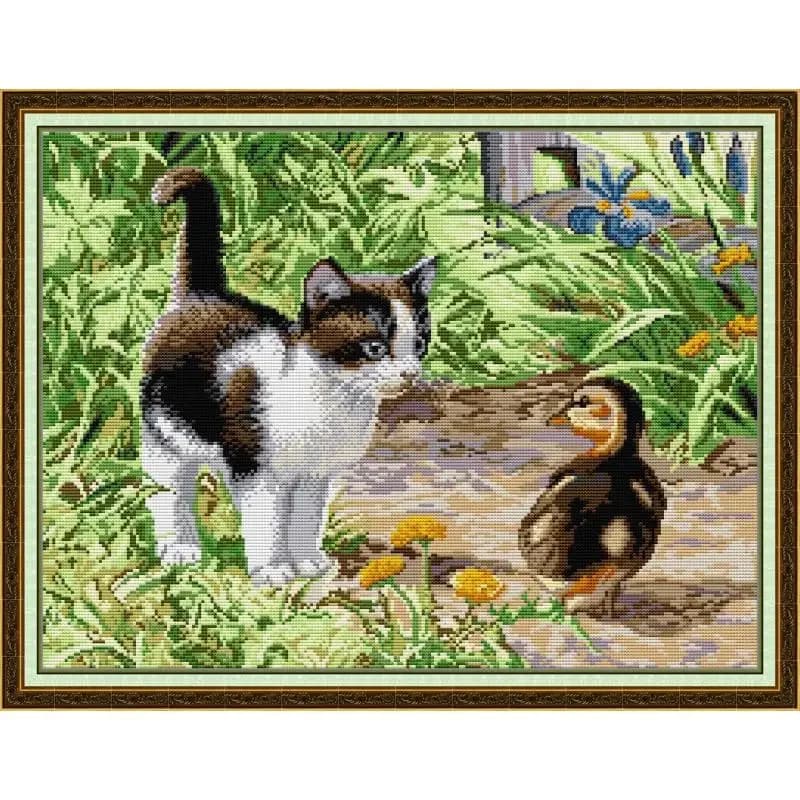 Kit da cucito punto croce animale gattino e oca DMC 14CT Conteggio 11CT Tessuto tela stampata Kit da ricamo ad ago Decorazioni per la casa Regali
