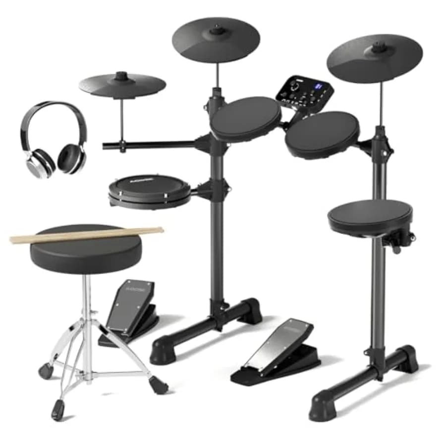 Electric Drum Set for Beginner with 150 Sounds, 4 Quiet Drum Pads, 2 Pedal, Throne, Sticks, Electronic Drum with Headphone