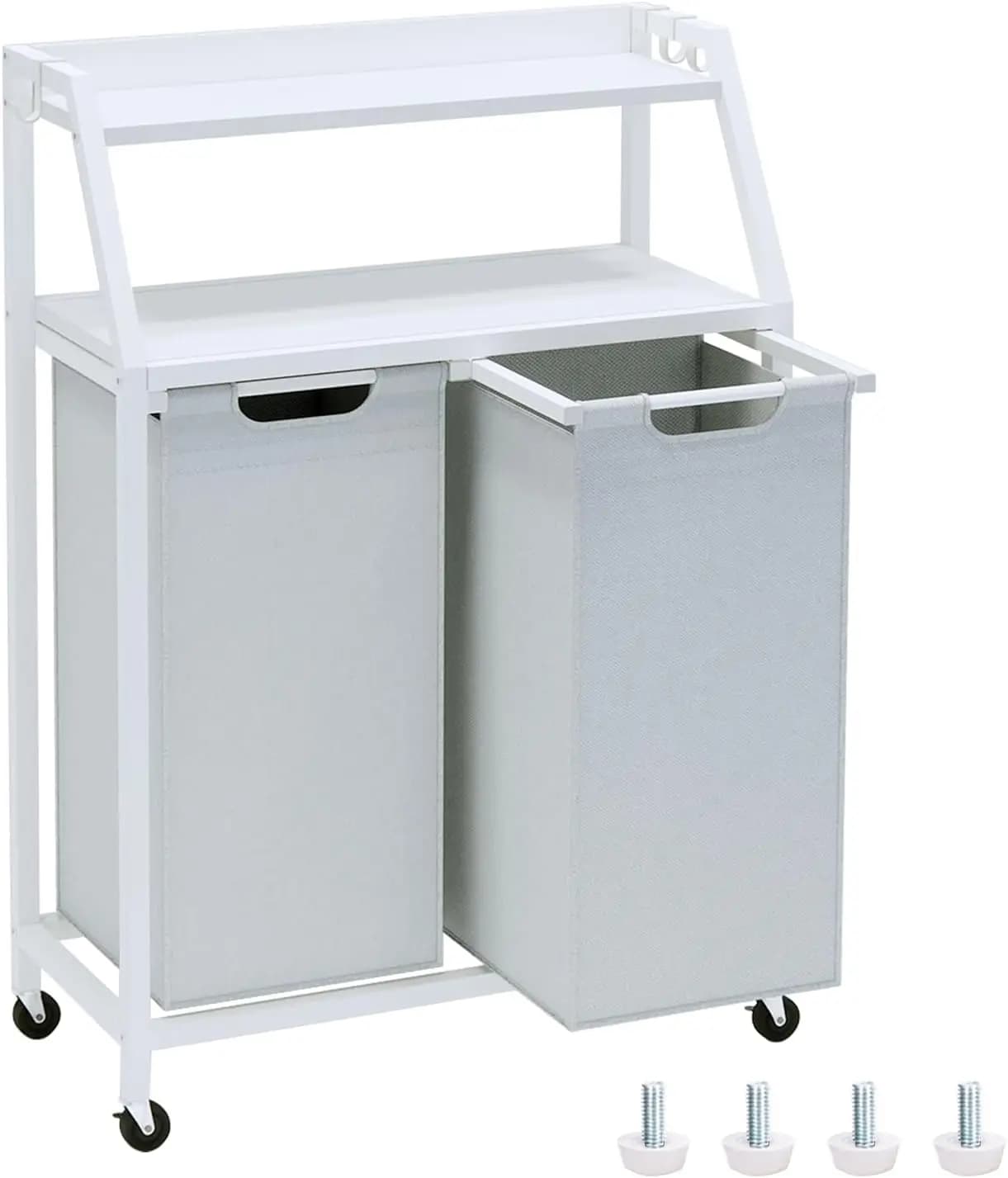 Cesto portabiancheria con ruote, 2 sezioni, 2×14,5 galloni, sacchi rimovibili, bianco grigio