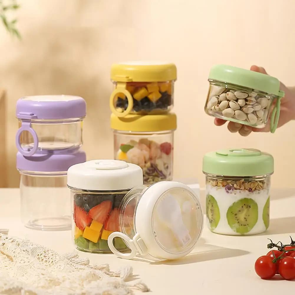 Contenitore portatile per colazione, multifunzione, trasparente, per avena notturna, con coperchio e cucchiaio, ideale per la preparazione dei pasti e i viaggi.