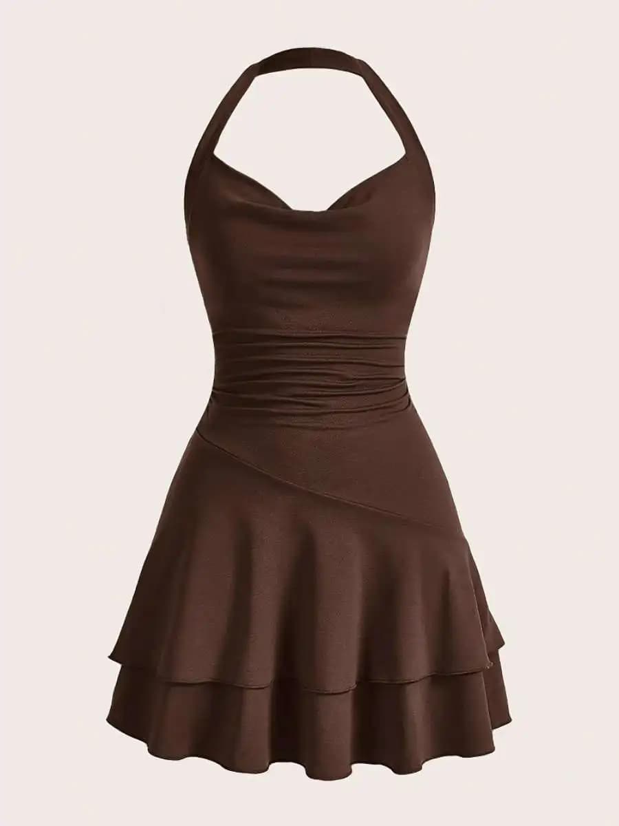 Slimming Casual Neck Hanging Party Dress Spring Summer High Waist A-Line Skirt Polyester Fabric Sleeveless Other Style