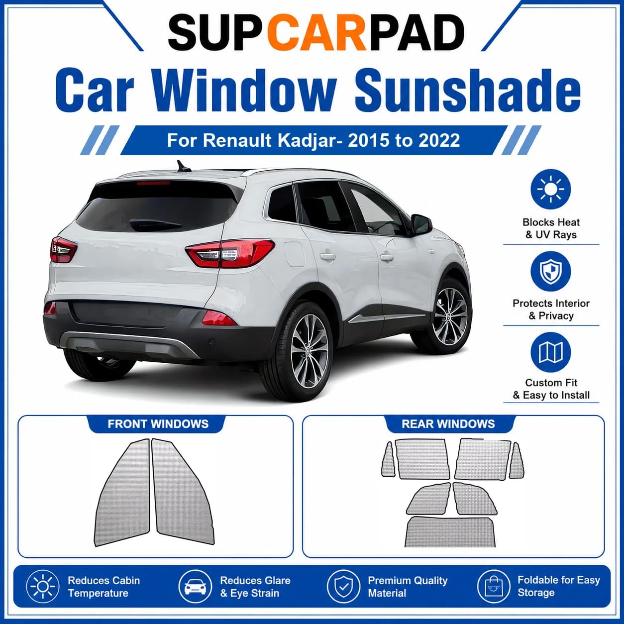 For Renault - Renault Kadjar- 2015 to 2022 Full Set Car Window Sunshades UV Block Privacy Heat Insulated Foldable Car Curtain