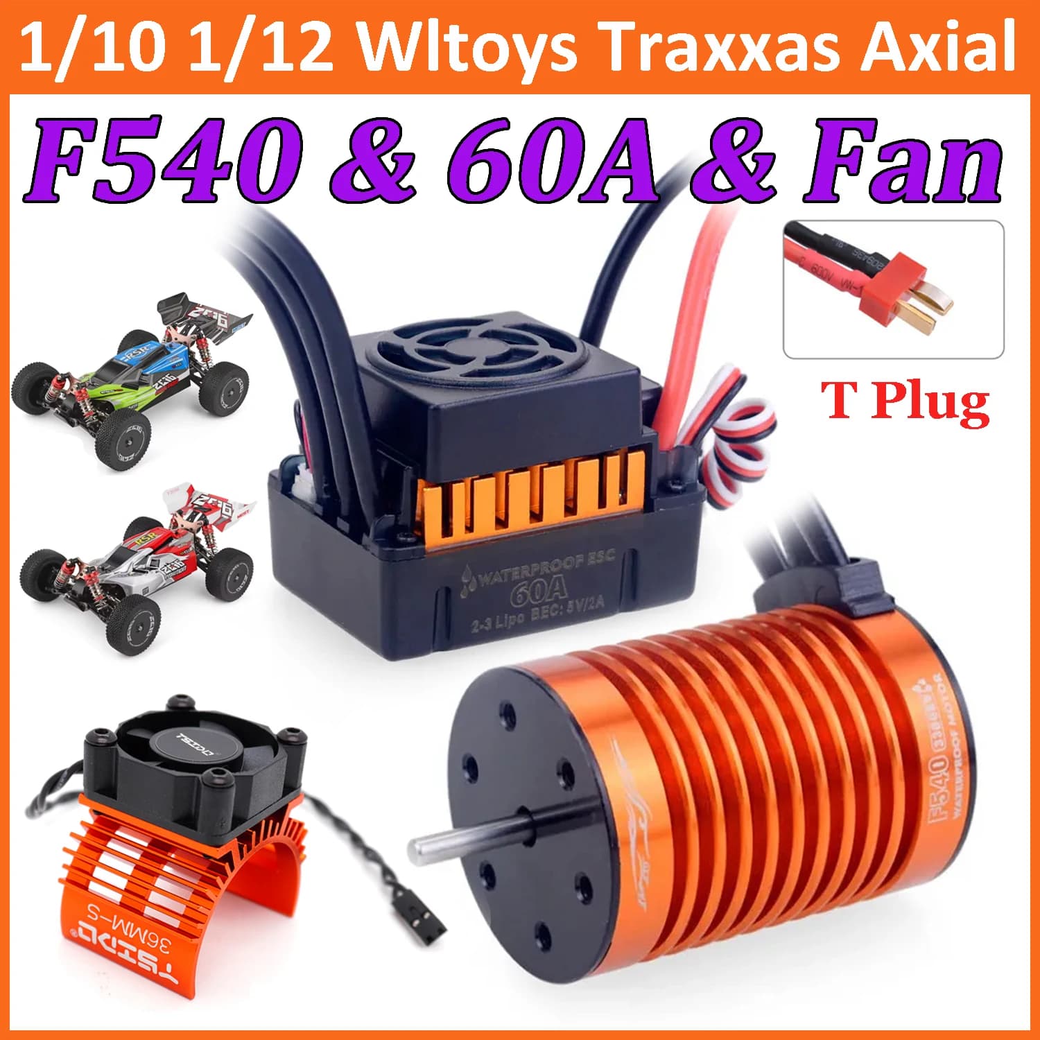 Waterproof F540 3300KV 4370KV Brushless Motor 60A ESC 3010 Heatsink Cooling Fan Combo for Wltoys Traxxas Axial 1/10 1/12 RC Cars