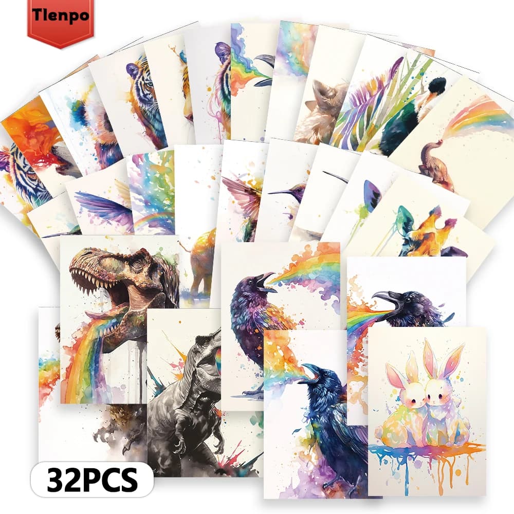32 pezzi, cartoline arcobaleno animale acquerello, biglietti d'auguri, cartoline fai da te, decorazioni, adatte per collezionismo e regali.