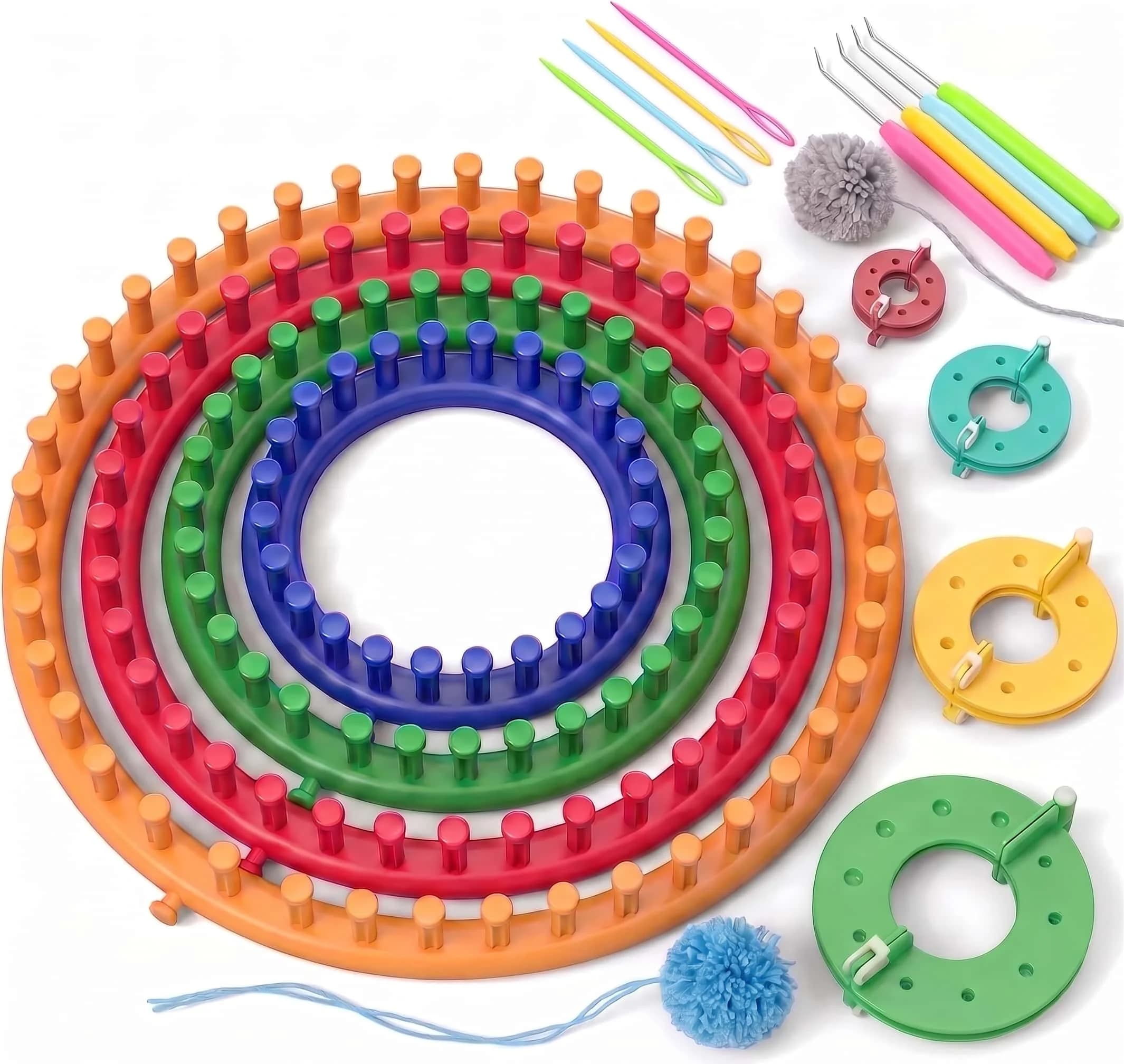 16Pcs Round Knitting Loom Set with Pom Pom Makers, 4 Sizes Circular Knitting Looms Kit with Loom Hooks & Yarn Needles for Hats,