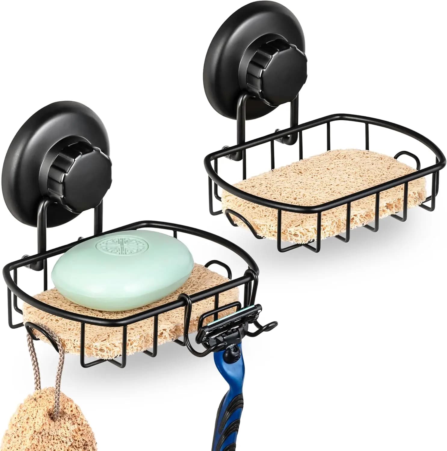 2 Pack Suction Cup Soap Dish for Shower, Rustproof Stainless Steel, with Hooks & Optional Adhesive Mount, Black
