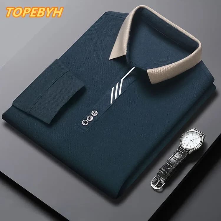 T-shirt da uomo a maniche lunghe con colletto rovesciato, polo casual da lavoro