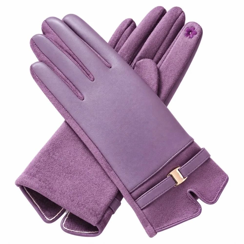 Fleece Lined Leather Gloves Elegant Style Solid Color Touchscreen Gloves Metal Buckle Anti-splash Water Winter Mittens