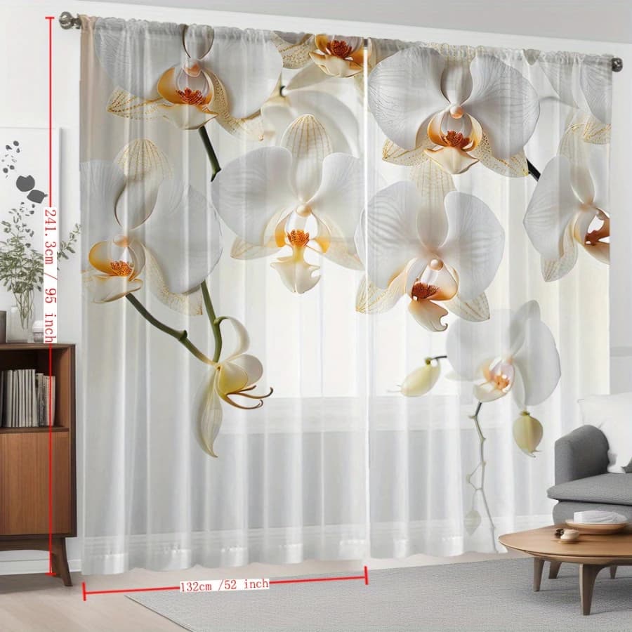 2PCS Digital Print Sheer Curtains, Weeping White Orchid Branch, Elegant Minimalist Floral for Bedroom Living Room Home Decor