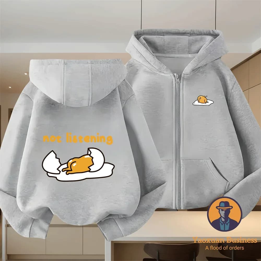 Felpa con cappuccio con cerniera Gudetama in puro cotone per bambini, design carino autunno inverno per ragazzi e ragazze