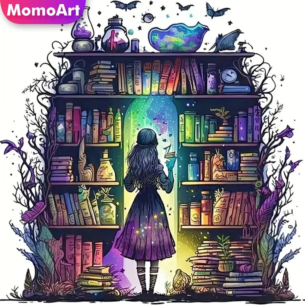 Momoart Kit Punto Croce Paesaggio Libreria con Mosaico di Diamanti, Pittura Diamantata Fai da Te Cartone Animato Ragazza, Nuova Collezione Hobby Fatto a Mano