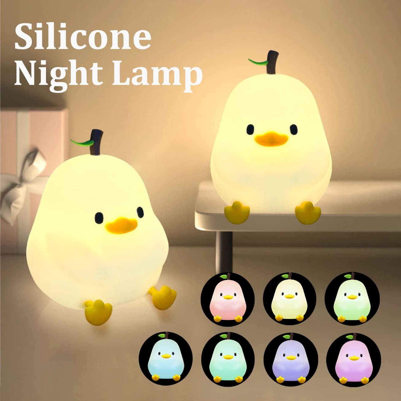 Luce notturna a forma di pera carina Luce notturna dimmerabile a 7 colori con controllo tattile Lampada in silicone che riduce lo stress Pat Duck USB ricaricabile