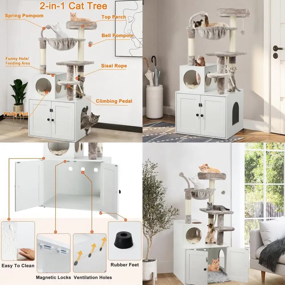 Albero per gatti a doppio scopo con lettiera, grande condominio per gatti da interno in legno, tiragraffi, cestino, pompon, bianco