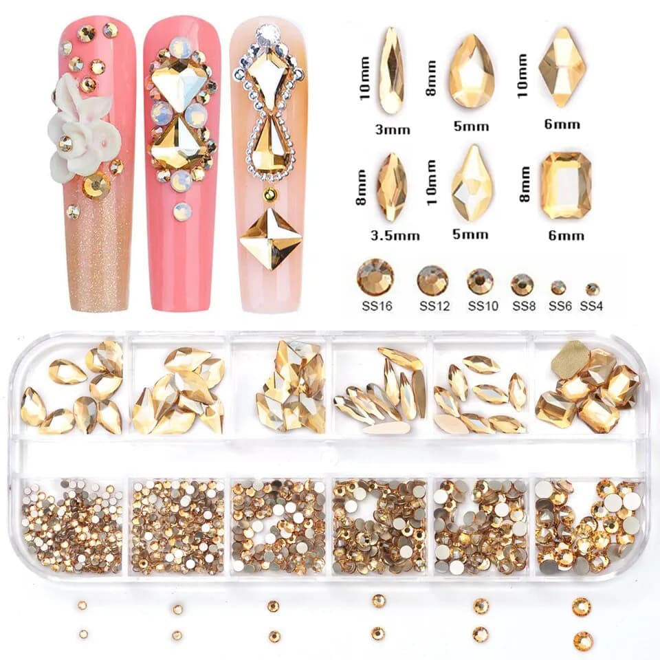 12 griglie Golden Shadow Flatback strass Glitter Nail Charms Crystal Diamond Nail Art decorazione per accessori per unghie