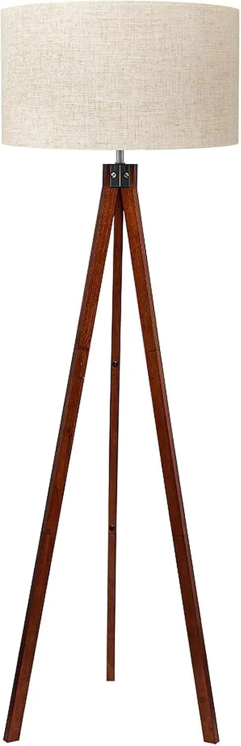 Lampada da Terra in Legno a Treppiede, Lampada da Terra Stile Mid-Century con Paralume in Lino, Base E26, Marrone