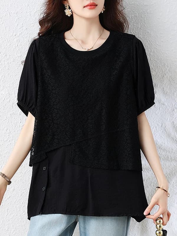Women's short sleeve t-shirt with lace inserts, crew neck, casual summer style, in breathable slim fabric, fake design two pieces