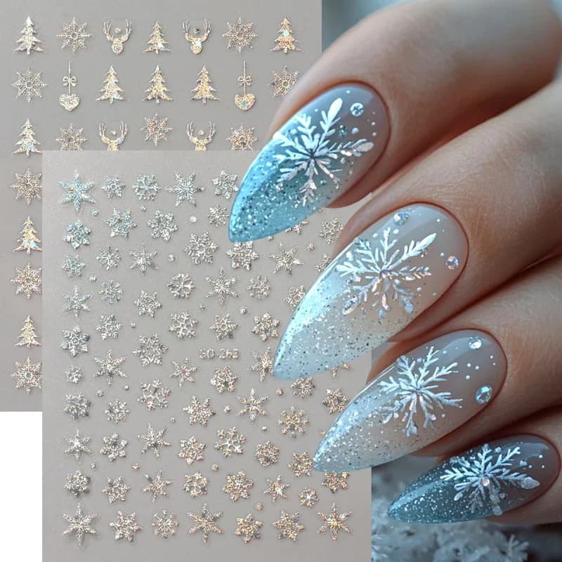 2 pieces holographic Christmas stickers for nail art laser iridescent snowflake deer tree winter slider decals supplies for New Year manicure