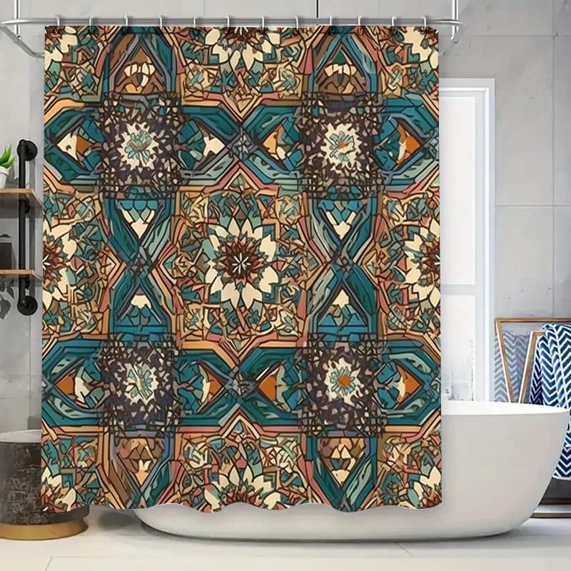 Tenda da doccia decorativa con motivo marocchino Design geometrico blu, marrone beige per la decorazione del bagno (dimensioni: 69 x 70 pollici