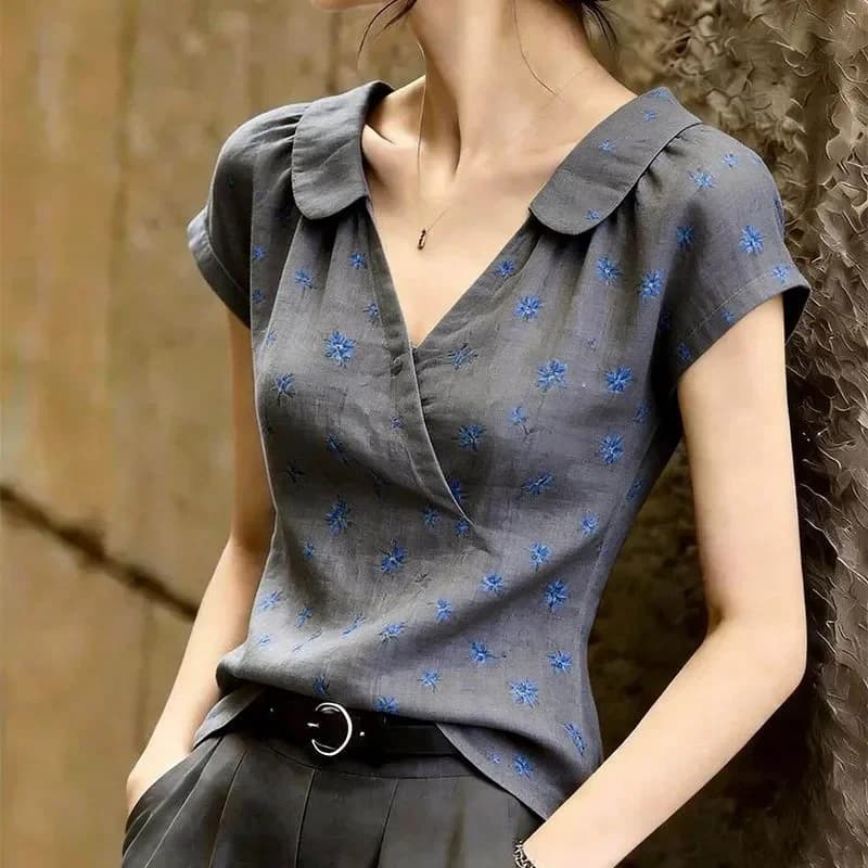 Women Clothing Summer Korean Fashion Simplicity Printing Button Female All-match Fashionable Solid Color V-neck Short Sleeve Top