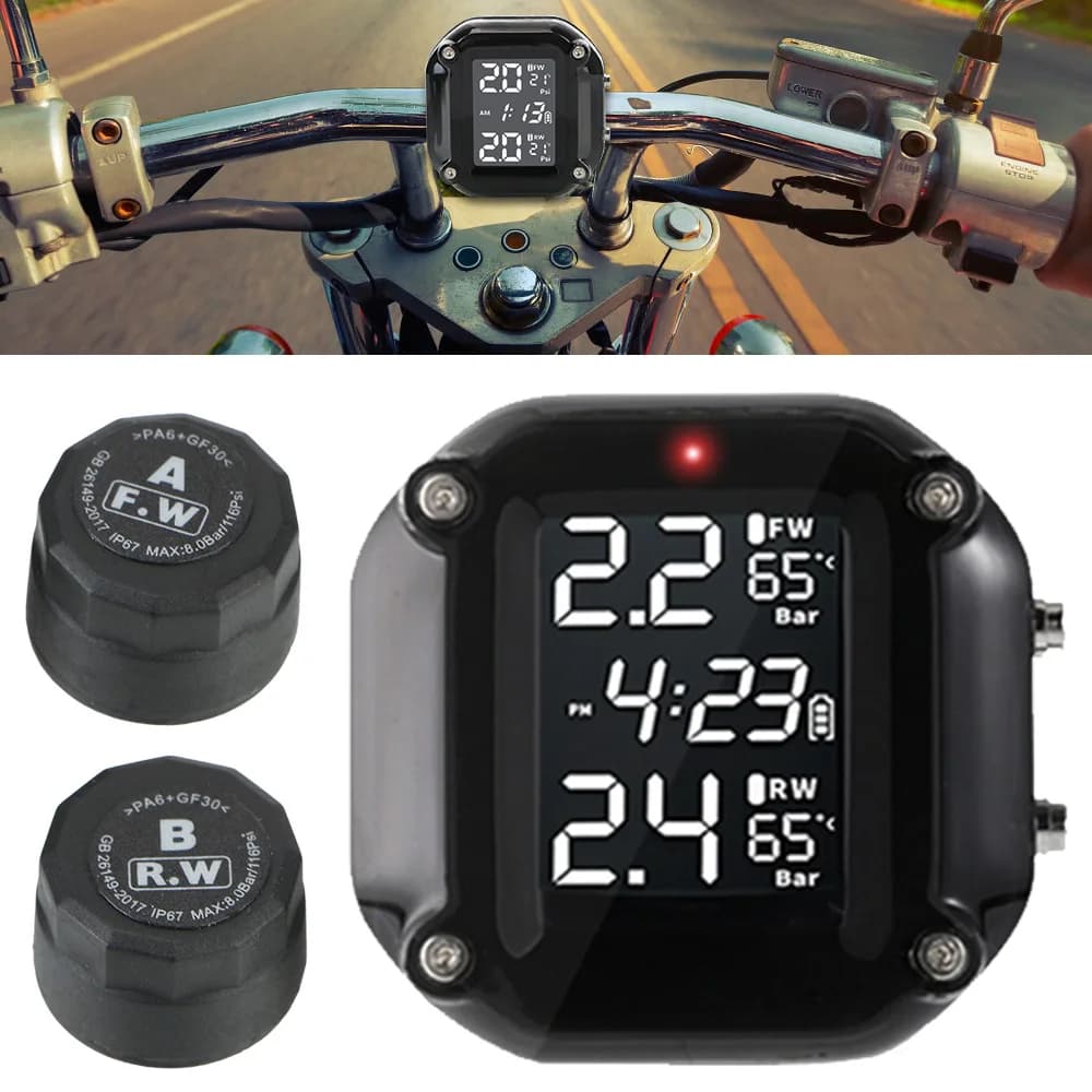 Sistema di monitoraggio della pressione dei pneumatici TPMS per moto senza fili LCD digitale con 2 sensori esterni Sensore di allarme della temperatura dei pneumatici