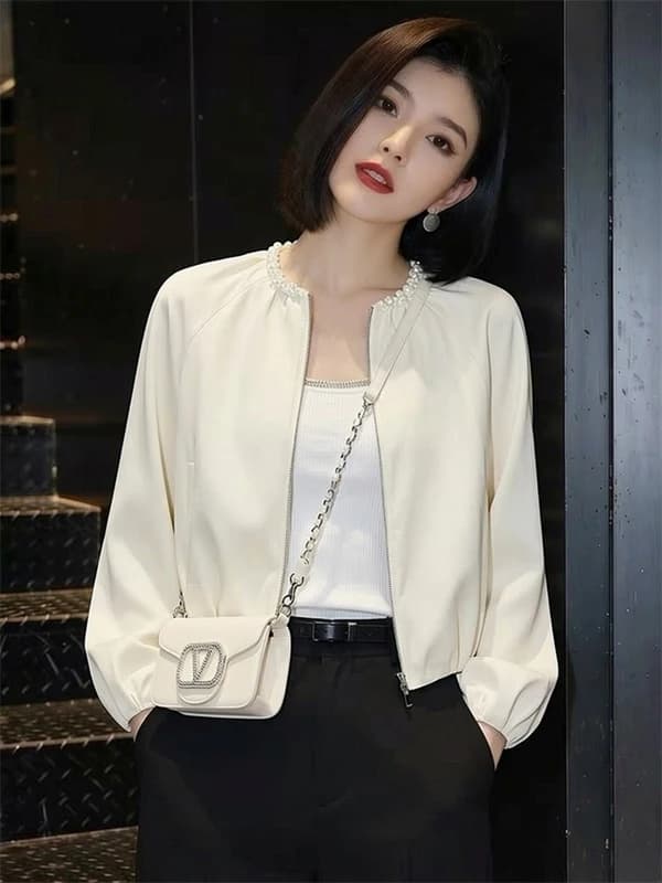 Beaded Zipper round Neck Jacket Women's Comfortable Spring Fashion Elegant Style Long Sleeve Top