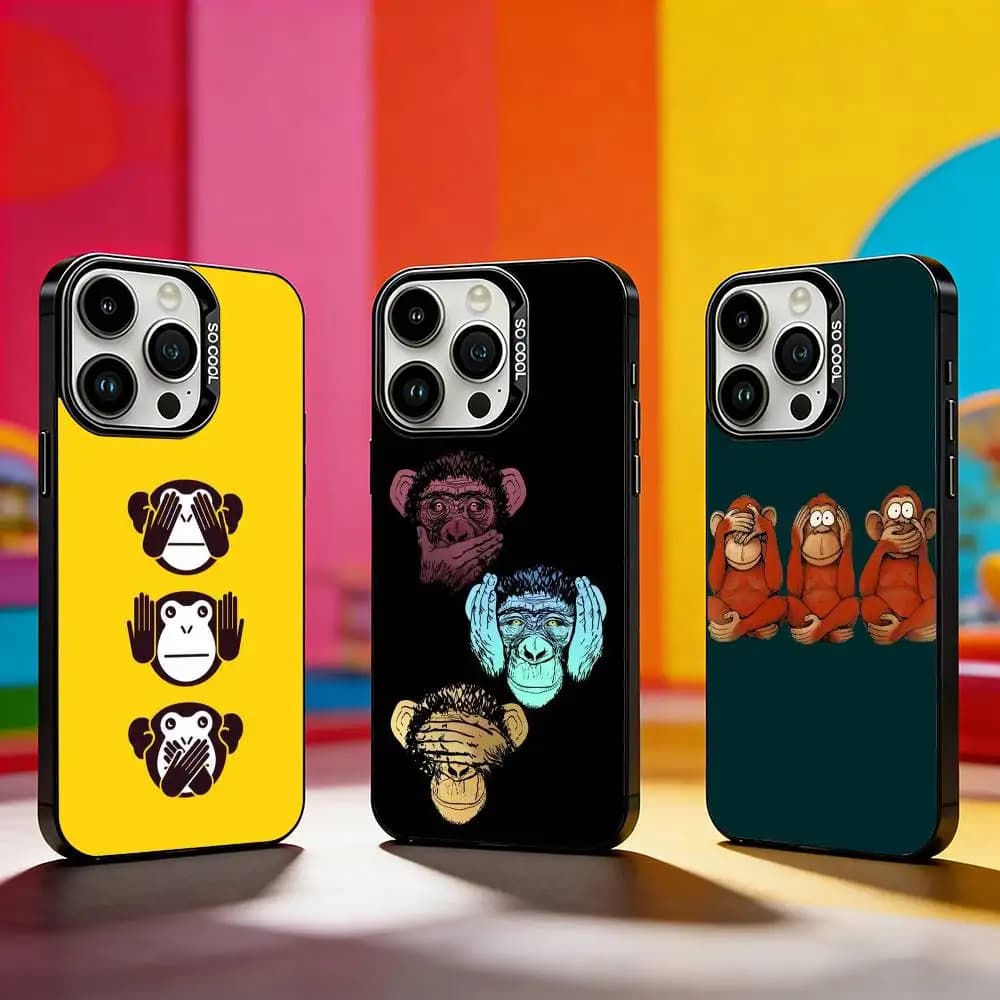 Custodia per telefono Three CUTE W-Wooley Monkeys per iPhone 17, 16, 15, 14, 13, 12, 11 Plus, Pro Max, XS, color argento