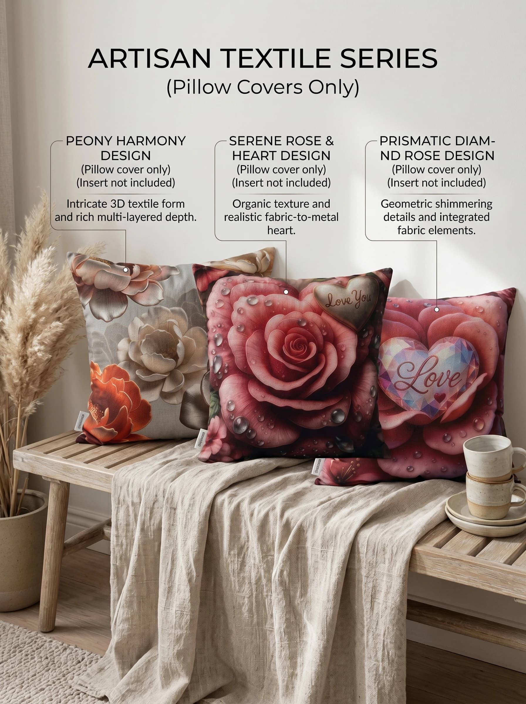 Fodere per cuscini 3D con rose floreali | Arredamento Estetico in Stile Country Francese | Fodera per Cuscino Floreale Romantico Premium per Divano e Camera da Letto