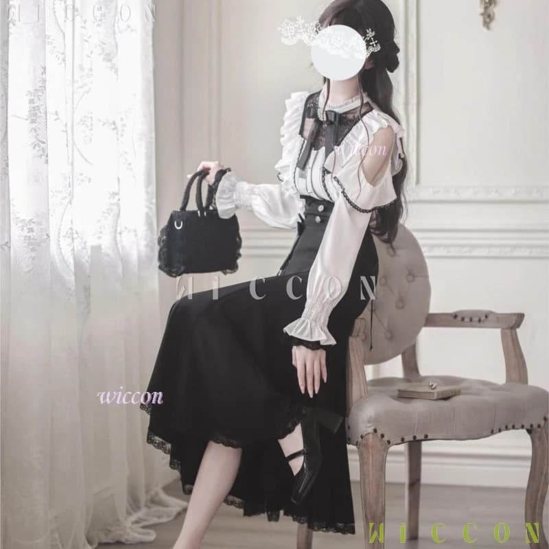 Set di gonna a coda di pesce elegante in stile giapponese e camicia con spalle scoperte e inserti in pizzo, completo da donna per appuntamenti primaverili e autunnali
