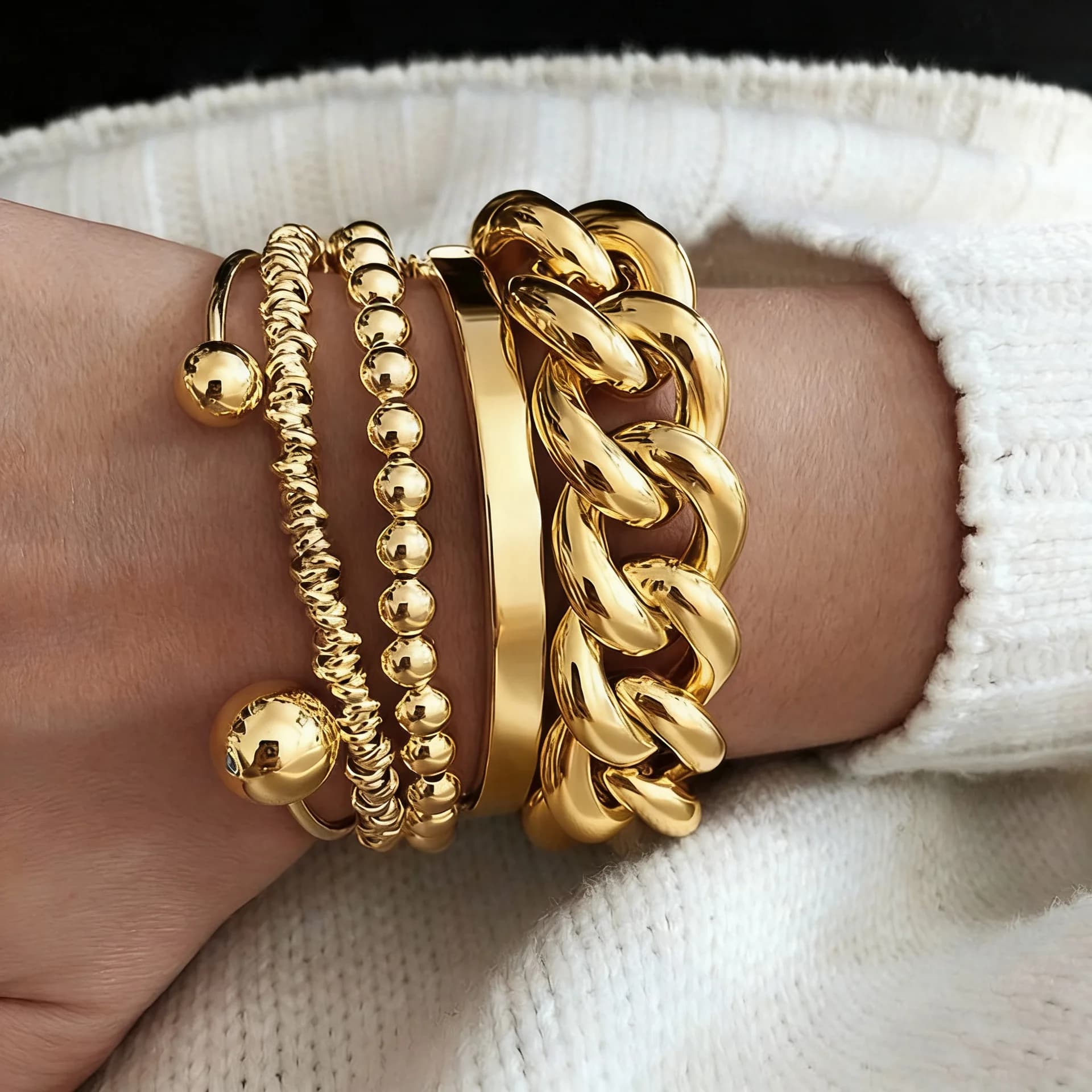 Women's popular multi layered gold bracelet set with Cuban CCB round beads suitable for layering versatile in stock luxury