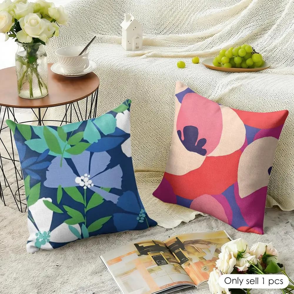 Fodera per Cuscino Artistica con Motivo Floreale, in Lino Naturale Biologico, Stampa Fronte-Retro, per Divano, Arredamento Casa, Idea Regalo