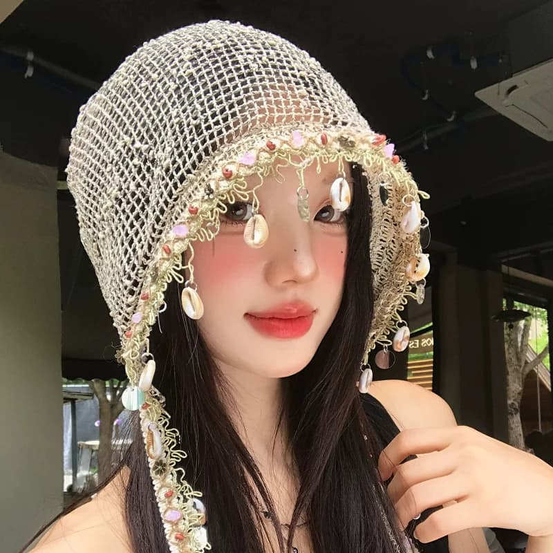 Bohemian Style Shell Tassel Hollow Pullover Hat for Women Summer Thin Style Breathable Face Small Big Head Bomber Hats Gorras