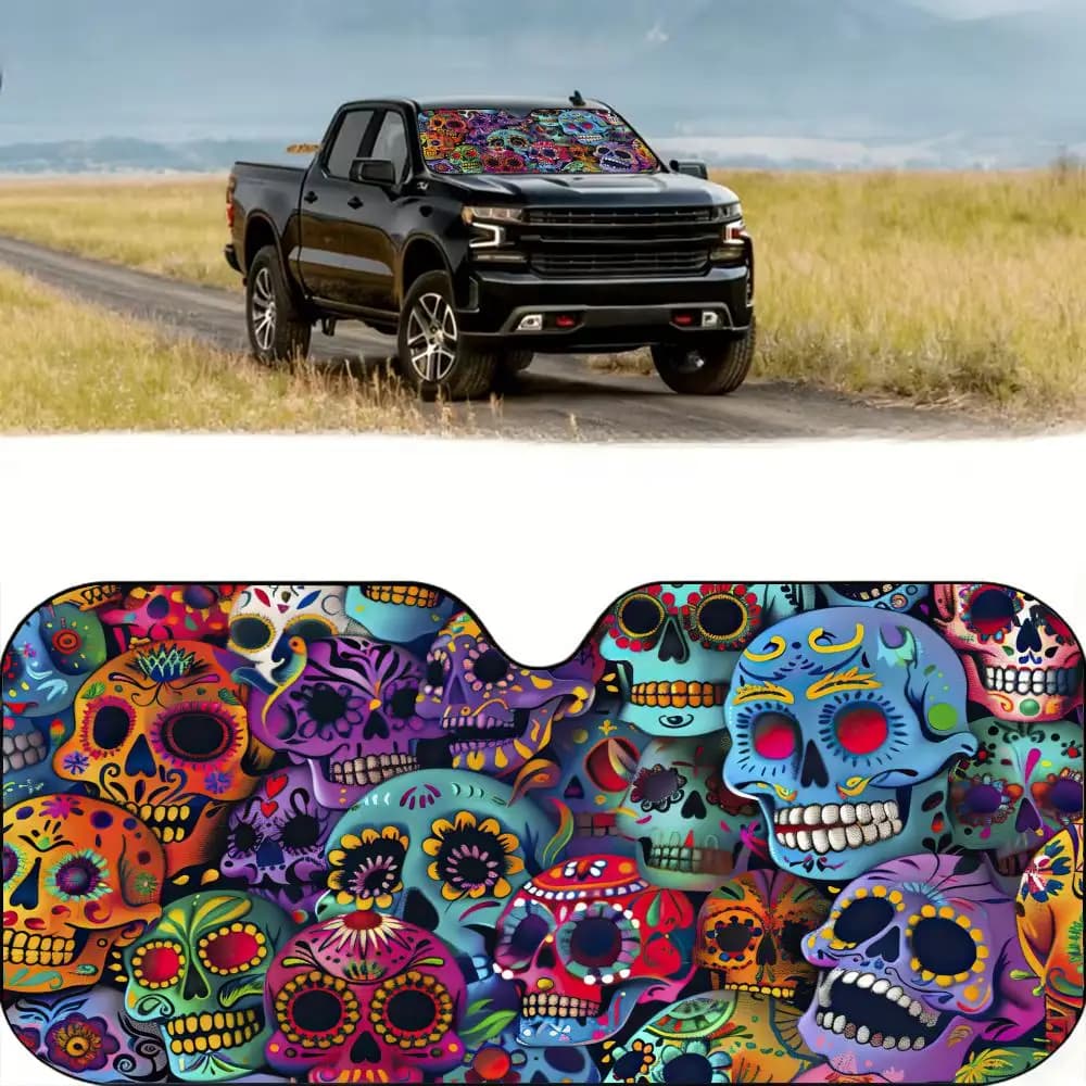 Parasole con motivo Sugar Skull, riutilizzabile, in lamina di alluminio, protezione UV, isolamento termico a tre strati, parabrezza parasole