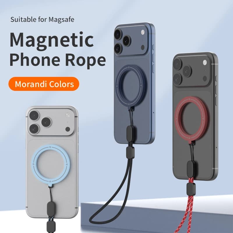 Un potente supporto magnetico per telefono con corda per appendere, compatibile con iPhone, portachiavi Xiaomi e altri dispositivi.