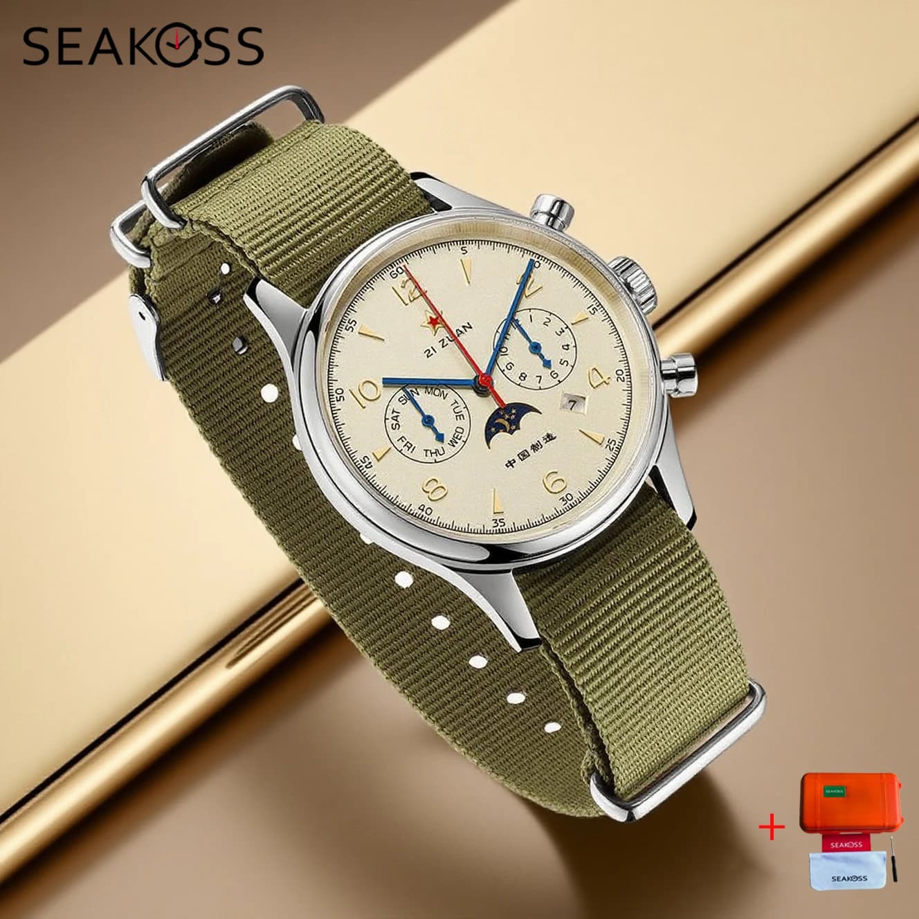 SEAKOSS 1963 Mechanical wristwatch ST1654 Seagull movement 24 hours on 24 Aircraft pilot calendar Man gift watch